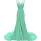 Mint green evening long dresses for weddings featuring a fitted bodice and elegant train