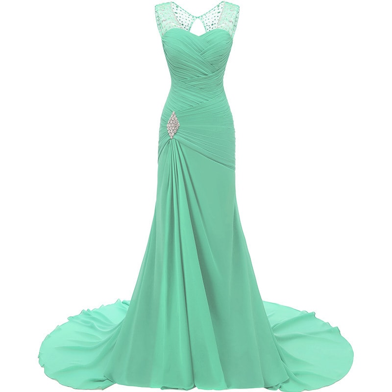 Mint green evening long dresses for weddings featuring a fitted bodice and elegant train