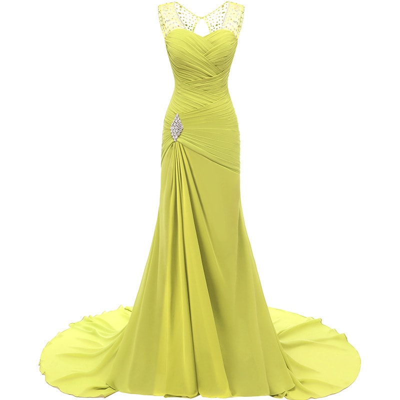 Elegant yellow maxi dress with embellished neckline and flowing train, ideal evening long dresses for weddings.