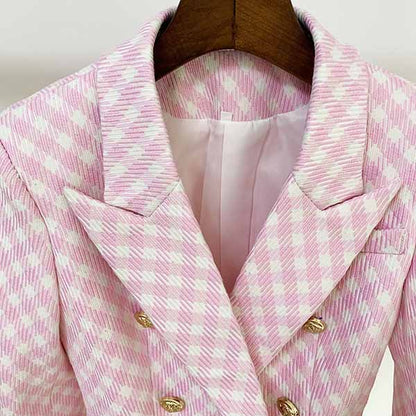 Women's Pink White Tweed Luxury Fitted Double Breasted Blazer with Lion Buttons