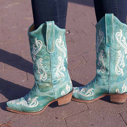 Women's Western Cowboy Boots Embroidered Green Mid-calf Boots