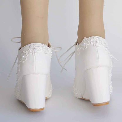 Wedding Platform Wedges Shoes Round Toe Lace Up Pumps Bridal Shoes