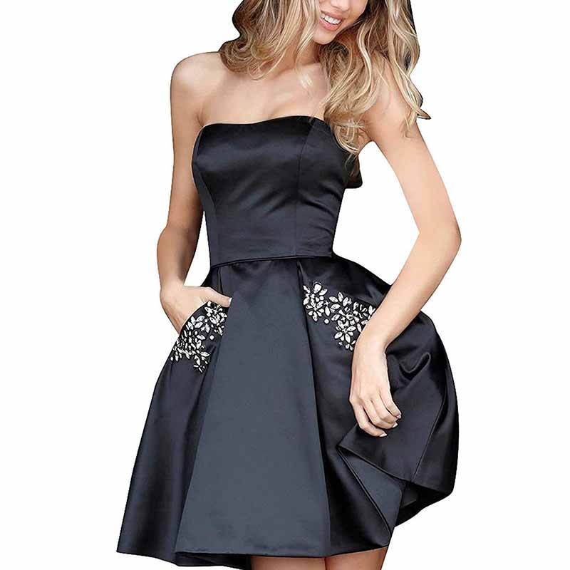 Women Satin Short Prom Dress with Pocket Off The Shoulder Mini Homecoming Dress