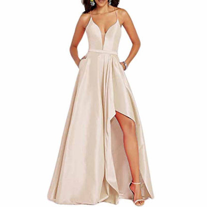 Women's Sexy Satin Deep V Neck Backless Hi Lo Prom Party Evening Dress