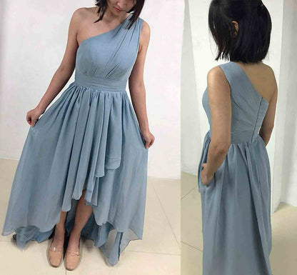 Women's One Shoulder Bridesmaid Dresses High Low Chiffon Evening Formal Gown with Pockets