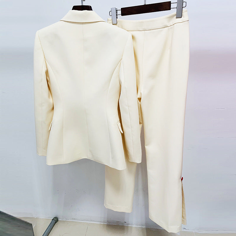 Women Fashion Apricot Blazer + Trousers Suit Two Piece Formal Pantsuits