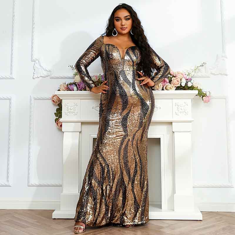 Women Plus Size Tulle Mermaid Sequin Long Sleeve Evening Dress Formal Prom Gowns