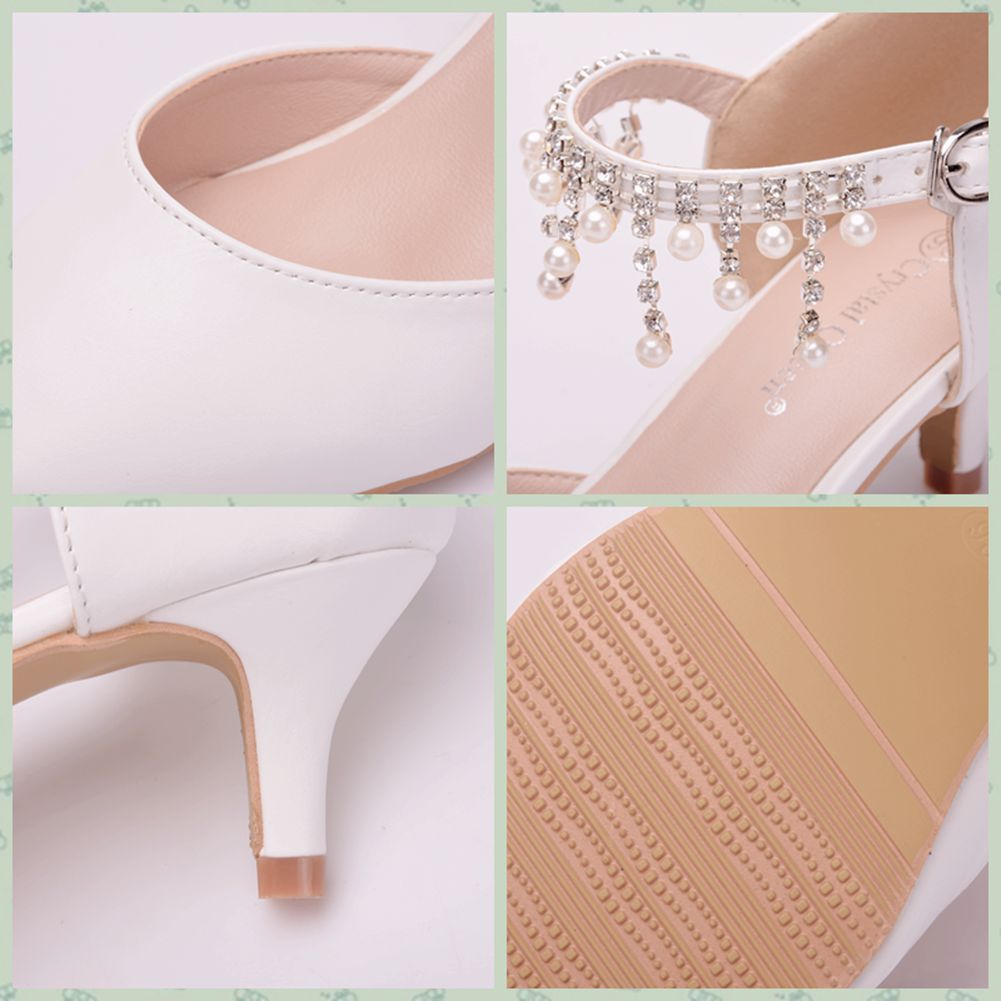 Women's Pointed Toe Ankle Strap Dress Shoes Wedding Party Pump with Pearl