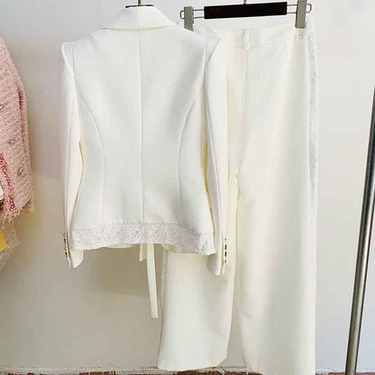 Women's White Pantsuit +High Waisted Flare Pants Suit Wedding Lace Up Suits