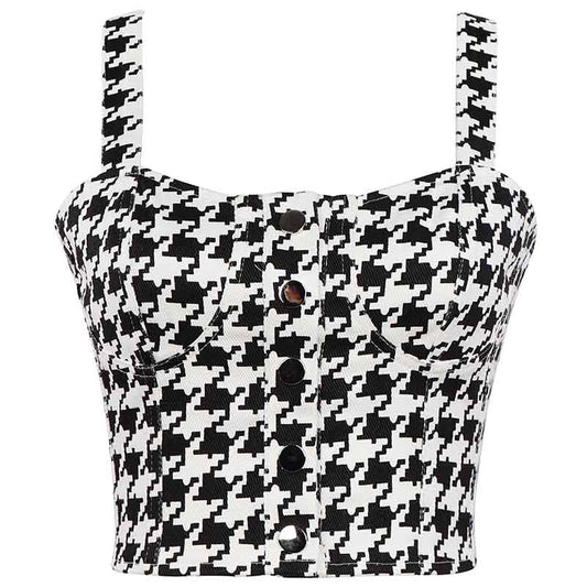 Women Bustier Crop Tops Checkered Push Up Corset Bra Cami Tank