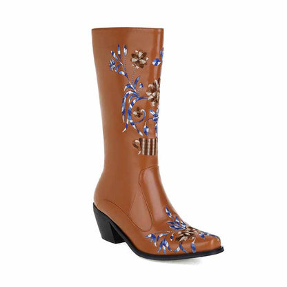 Women's Cowgirl Short Boots Embroidered Boots Chunky Heels Boots