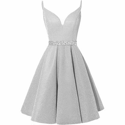 Girls Spaghetti Short Satin Prom Dress V-Neck Beaded Homecoming Evening Party Gowns