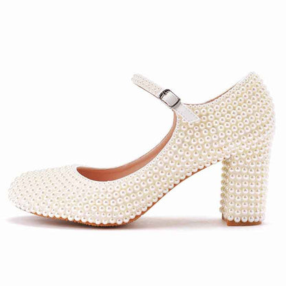 Women's Bridal Low Heel Closed Toe with Pearl Chunky Wedding Shoes