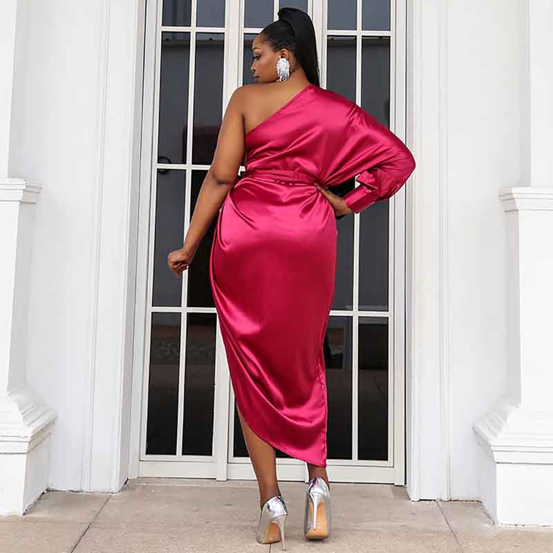 Women's Plus Size Sexy One Shoulder Satin Rosy Midi Cocktail Dress
