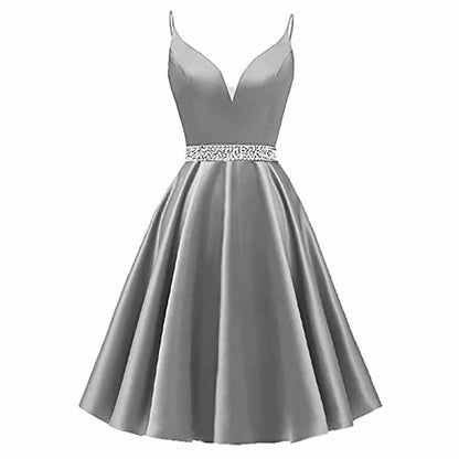 Girls Spaghetti Short Satin Prom Dress V-Neck Beaded Homecoming Evening Party Gowns