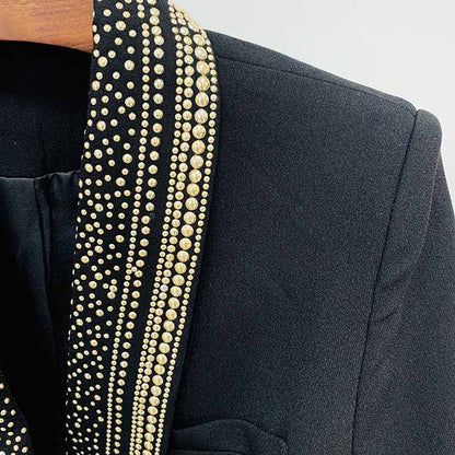 Womens Black Metal Coat Double Breasted Lion Button Blazer with Belt Outwear