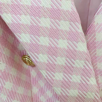 Women's Pink White Tweed Luxury Fitted Double Breasted Blazer with Lion Buttons