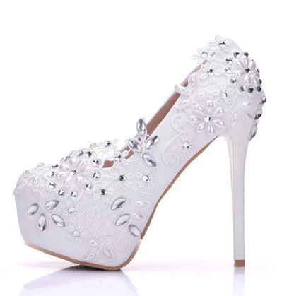 Women Round Toe Lace Wedding Heels Platform Bridal Pump