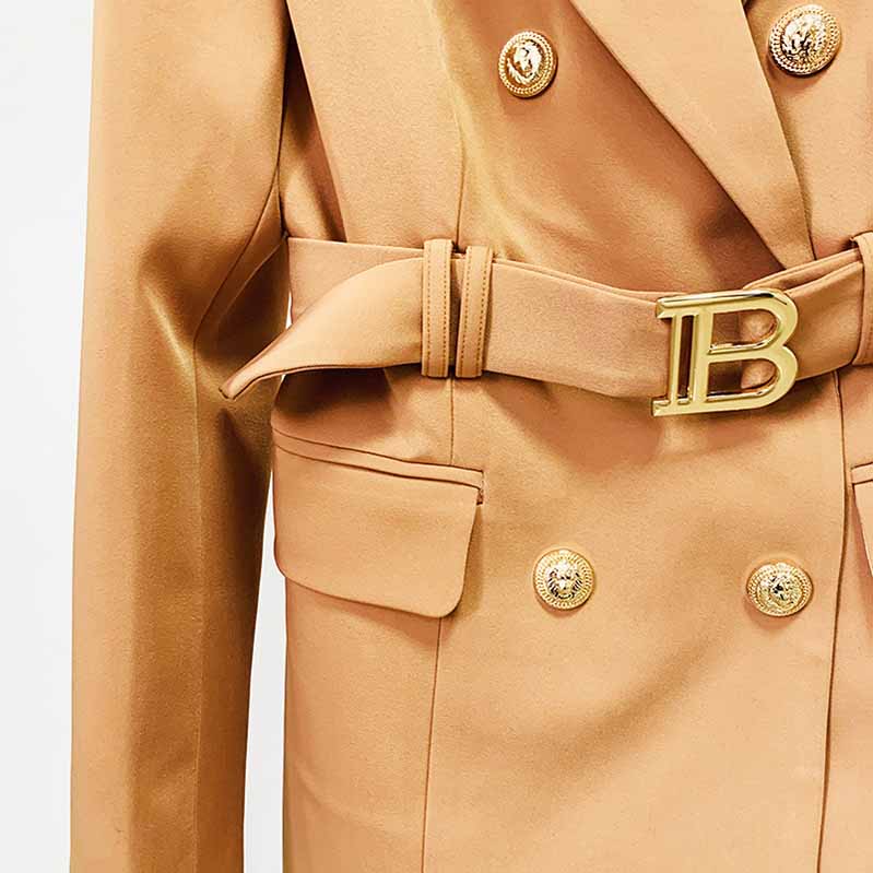 Double Breasted Lion Button Blazer Jacket Womens Camel Coat with Belt Outerwear