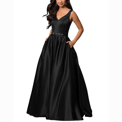 Women's Satin Bridesmaid Dress With Pocket Long Formal Evening Party Maxi Dress
