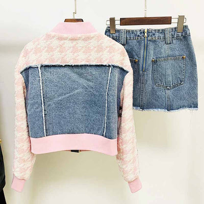 Women Luxury Denim Pink Houndstooth Tweed Jacket Coat Top + Mini Skirt 2 Piece Suit