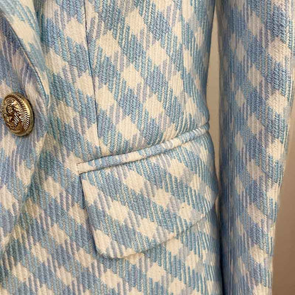 Women's Fitted Golden Lion Buttons Luxury Blue Checked Blazer