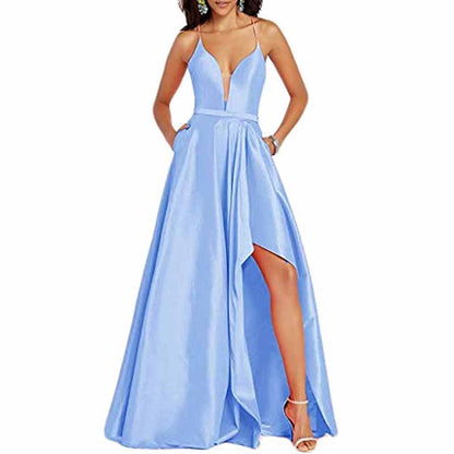 Women's Sexy Satin Deep V Neck Backless Hi Lo Prom Party Evening Dress