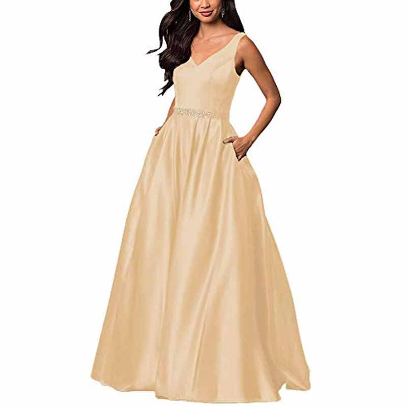 Women's Satin Bridesmaid Dress With Pocket Long Formal Evening Party Maxi Dress