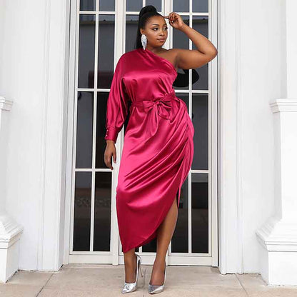 Women's Plus Size Sexy One Shoulder Satin Rosy Midi Cocktail Dress