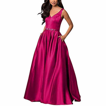 Women's Satin Bridesmaid Dress With Pocket Long Formal Evening Party Maxi Dress