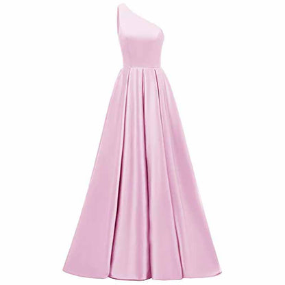Women's One Shoulder Prom Dress Long Satin Formal Evening Ball Wedding Gowns