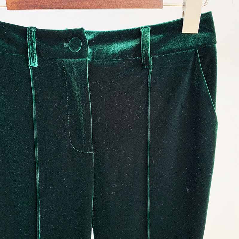 Women Velvet Green Blazer + Flare Trousers Suit