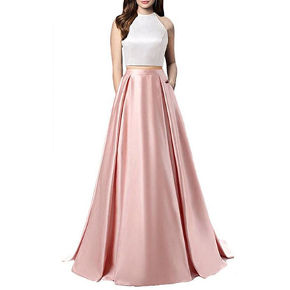 Women Two Piece Long Prom Dress Crop Top Satin Evening Formal Dresses With Pocket