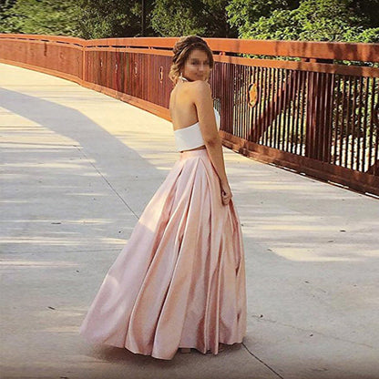 Women Two Piece Long Prom Dress Crop Top Satin Evening Formal Dresses With Pocket