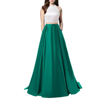 Women Two Piece Long Prom Dress Crop Top Satin Evening Formal Dresses With Pocket