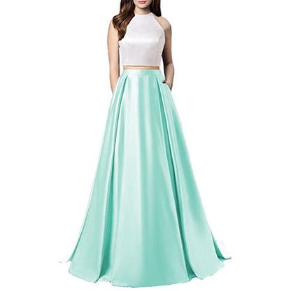 Women Two Piece Long Prom Dress Crop Top Satin Evening Formal Dresses With Pocket
