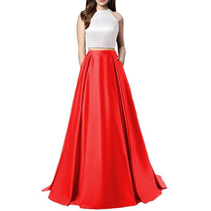Women Two Piece Long Prom Dress Crop Top Satin Evening Formal Dresses With Pocket