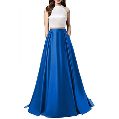 Women Two Piece Long Prom Dress Crop Top Satin Evening Formal Dresses With Pocket