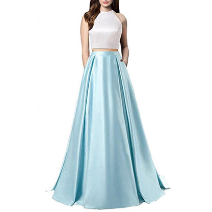 Women Two Piece Long Prom Dress Crop Top Satin Evening Formal Dresses With Pocket
