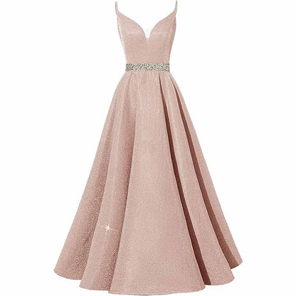Women Prom Dress Long V-Neck Spaghetti Beaded Belt Formal Evening Ball Gowns