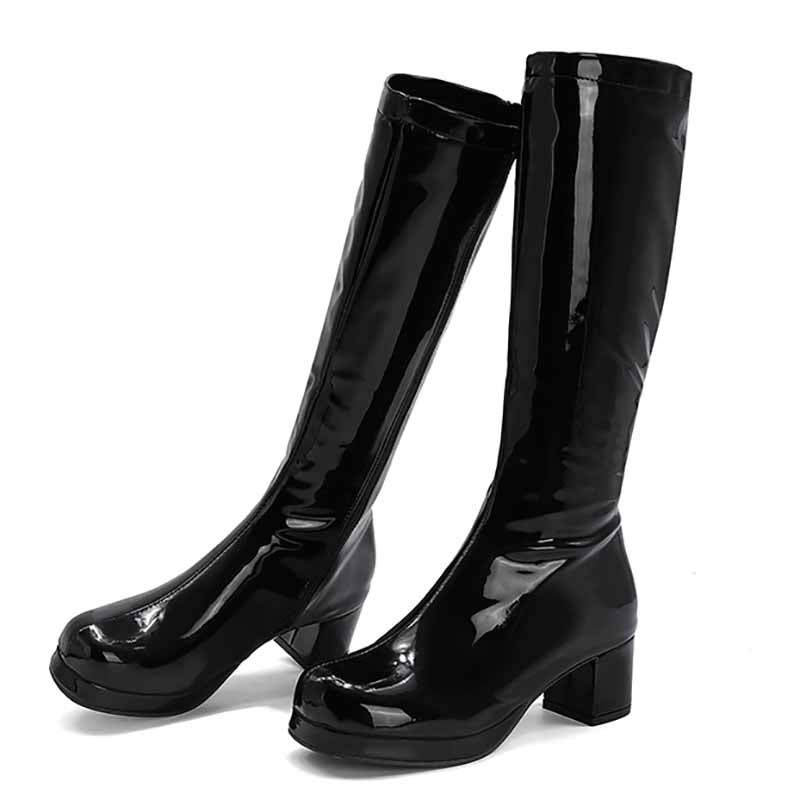 Shiny black fashion boots with zipper for women featuring a chunky heel design