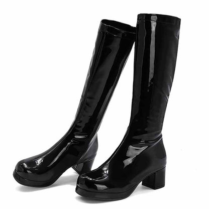 Shiny black fashion boots with zipper for women featuring a chunky heel design