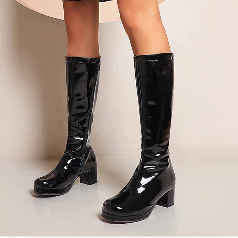 Stylish black fashion boots with zipper for women featuring a shiny finish and block heels