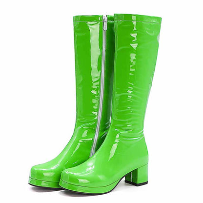 Bright green fashion boots with zipper for women featuring a sleek, shiny finish and a block heel