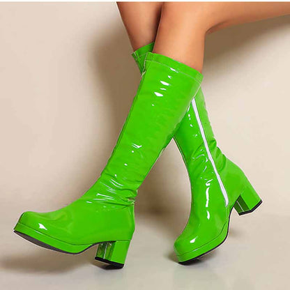 Bright green fashion boots with zipper for women featuring a sleek shiny design and chunky heel
