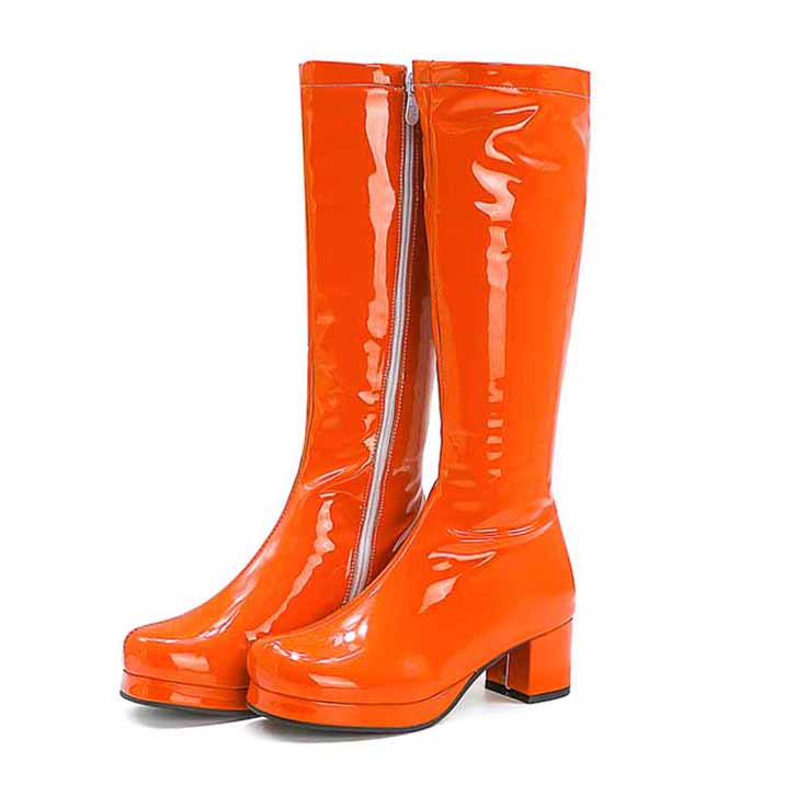 Stylish orange fashion boots with zipper for women featuring a sleek glossy finish and block heels