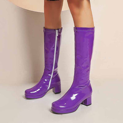 Trendy purple fashion boots with zipper for women featuring a chunky heel and glossy finish