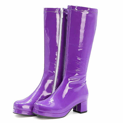 Purple fashion boots with zipper for women featuring a stylish glossy finish and chunky heels