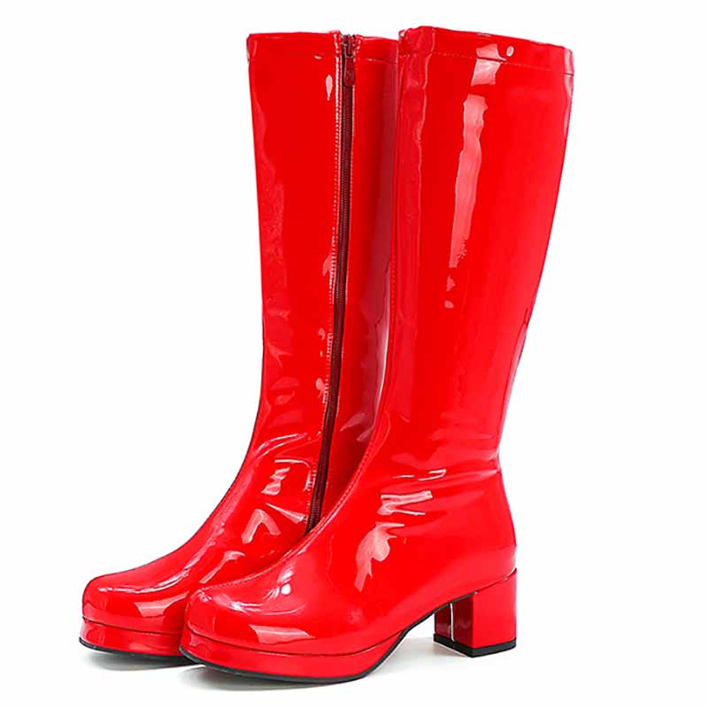 Shiny red fashion boots with zipper for women featuring a stylish chunky heel