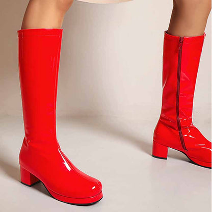 Bold red S&DCo. fashion boots with zipper for women featuring a glossy finish and chunky heels